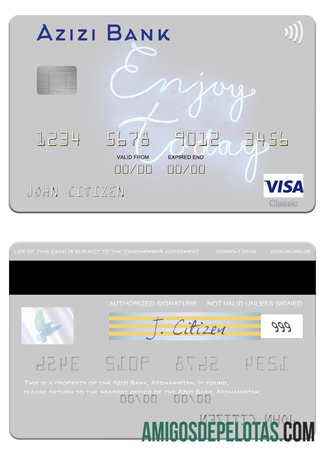 Cartão Visa do Banco Azizi do Afeganistão exemplo